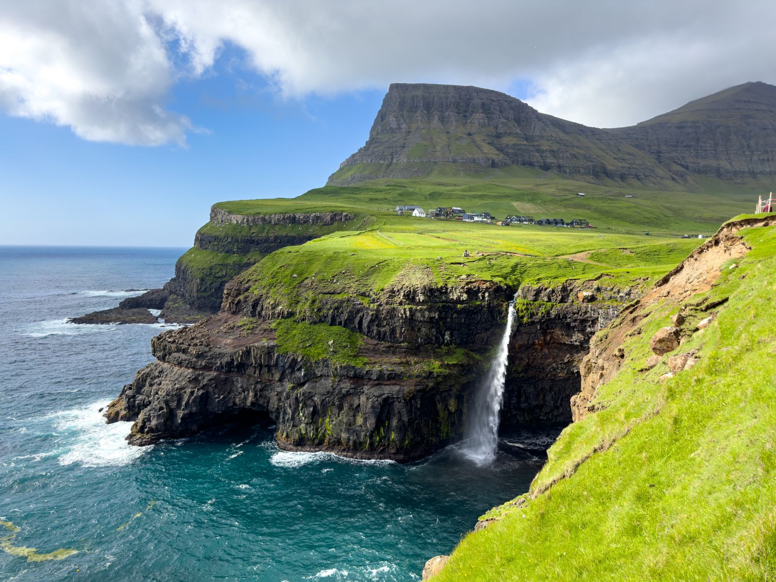 Múlafossur waterfall pouring off a green cliff straight into the Atlantic