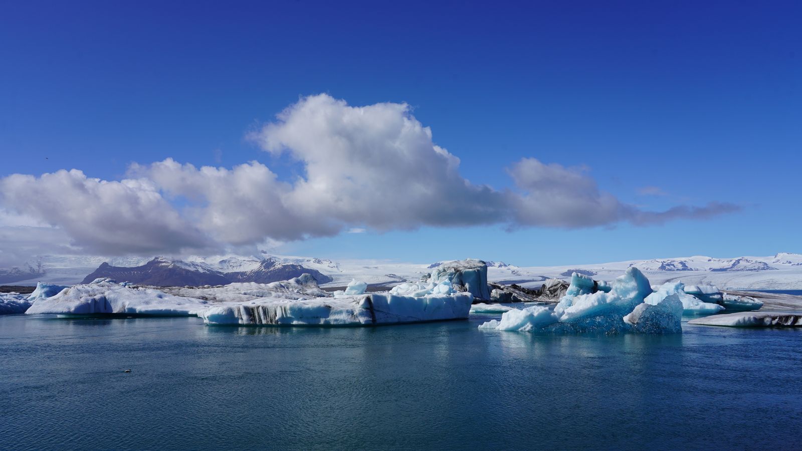 Icebergs drifting through Jökulsárlón glacier lagoon