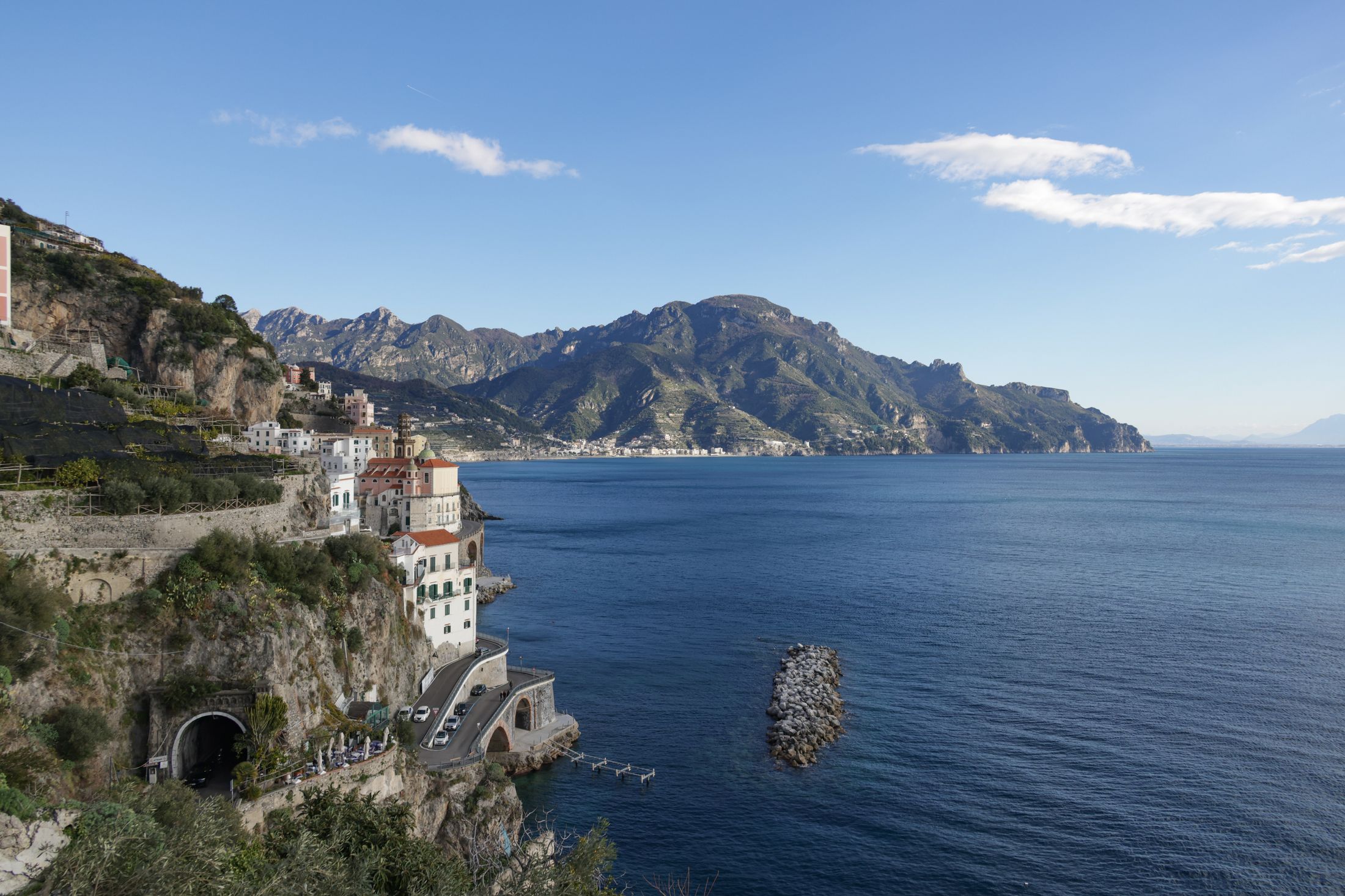 The Amalfi coastline falling into a deep blue Mediterranean sea