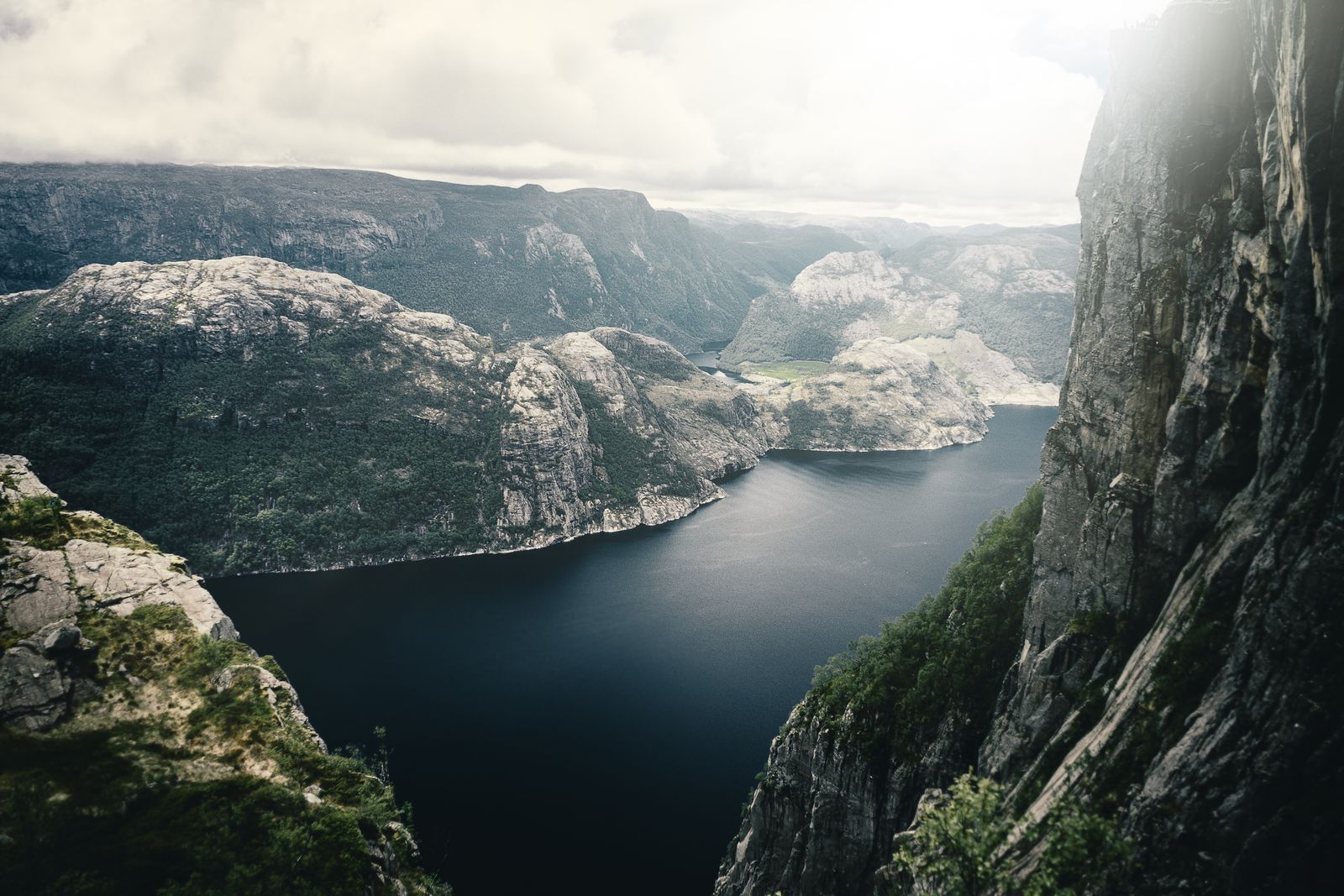 The Lysefjord winding between sheer granite walls, seen from the cliff top